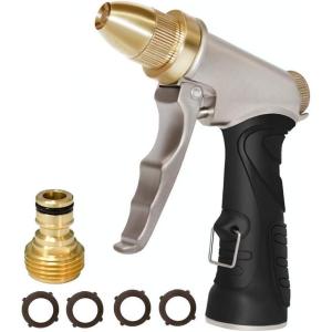 imageHQMPC Garden Hose Nozzle Metal Hose Spray Nozzle High Pressure Water Hose Nozzle Brass Head Hose Nozzle Spray Nozzle For Hose Watering Car Washing With 1 Pcs Male Quick Connectors and 4Pcs Washer