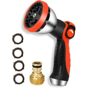 imageHQMPC Garden Hose Nozzle Metal Hose Spray Nozzle Water Hose Nozzle 10 Patterns Hose Nozzle Spray Nozzle For Hose Watering Car Washing With 1 Pcs Male Quick Connect Nipple and 4Pcs Washer