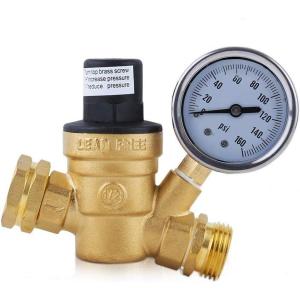 imageWater Pressure Regulator Valve 34quot NH Brass Leadfree Adjustable Water Pressure Reducer with Gauge for RV Camper and Inlet Screened Filter